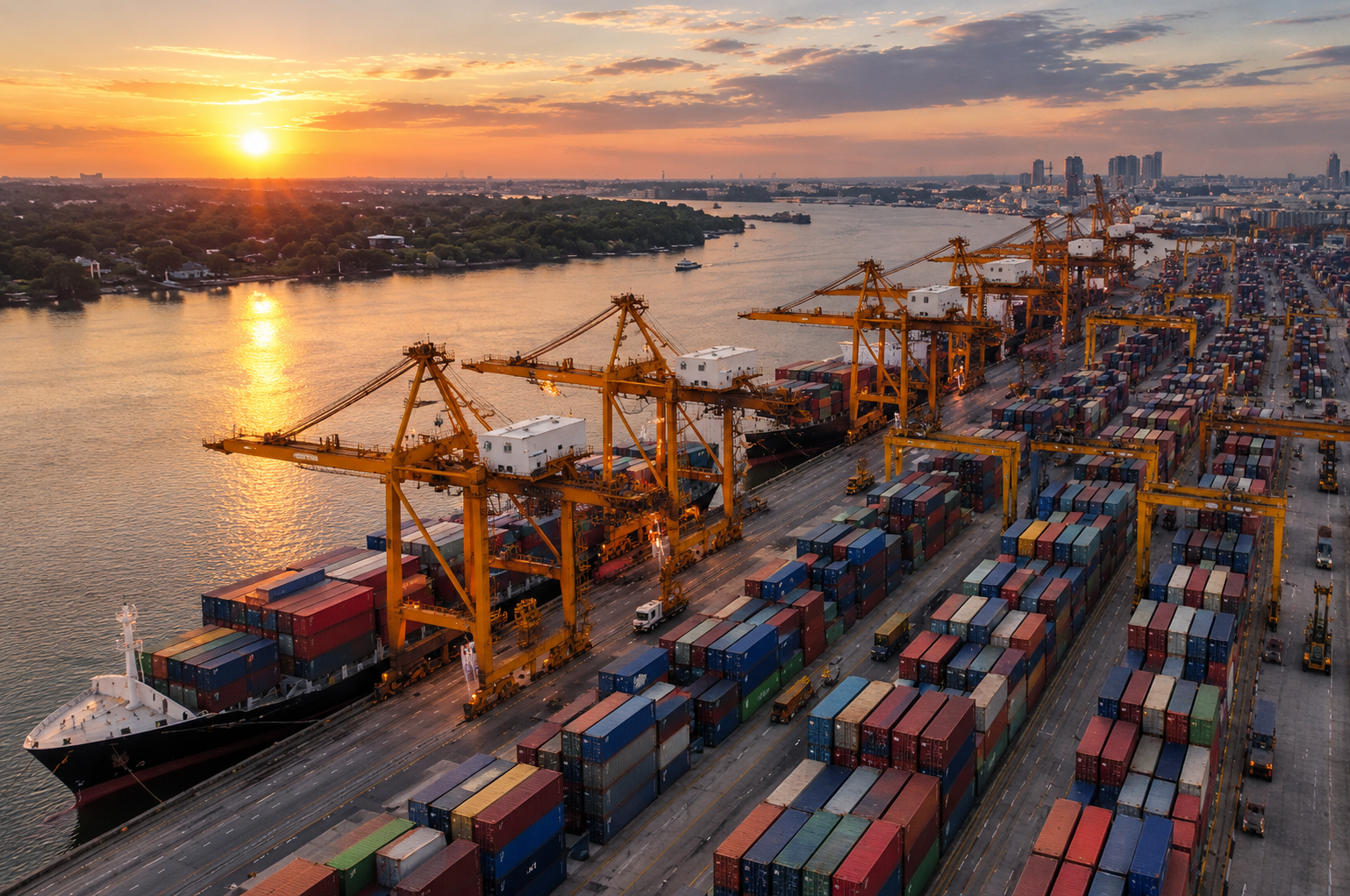 Container port at sunset with cranes and cargo ship